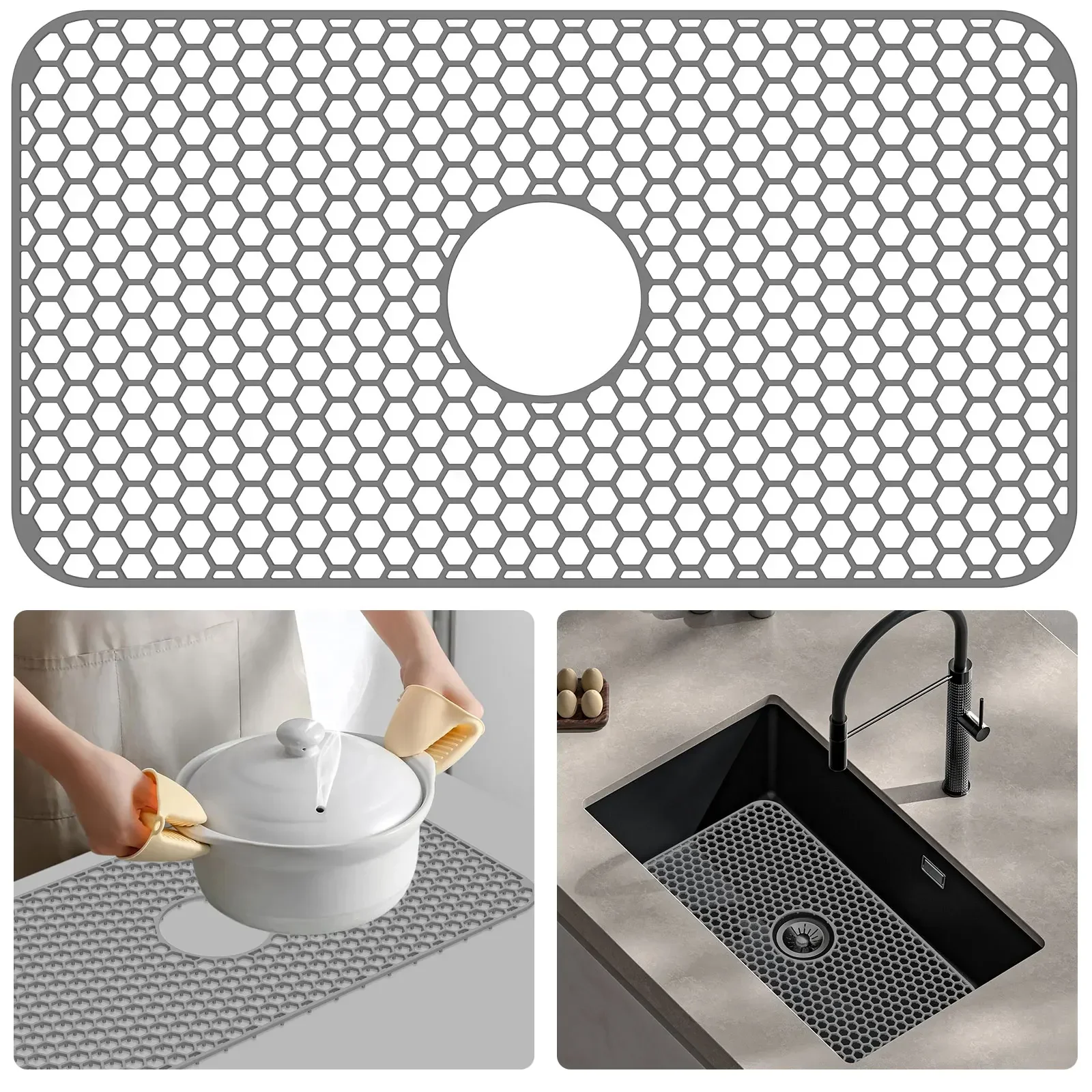 

Silicone Sink Mat Nonslip Sink Mat Grid Silicone Sink Protector Kitchen Sink Heat Resistant Mat with Center Drain/Rear Drain