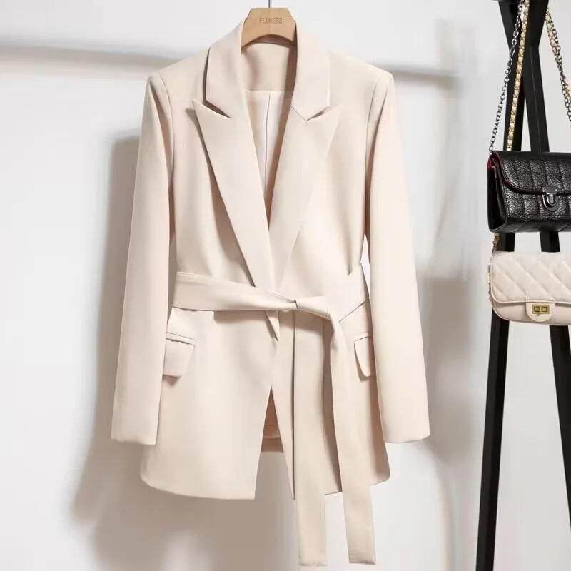 Women's Faion  Jaets Suits Coats Straight Cut Slim Fit Long Sve mid Length with Belt Pure Color Spring 2025