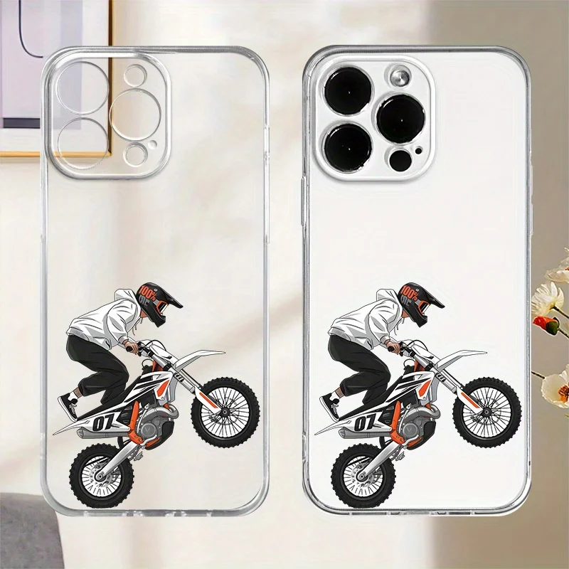 

Motorcycle Boy Pattern Transparent Phone Case Suitable for iPhone 16 15 14 13 12 11 Pro/Max/Plus Anti Drop Protective Cover