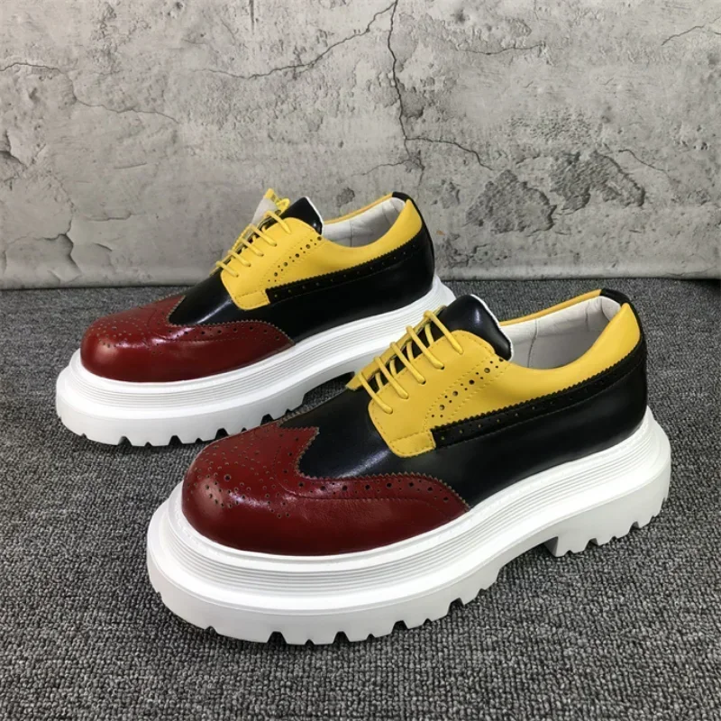 Multi Color Brogue Genuine Leather Shoes Men's Big Head British Style Casual Heightener Men's Shoes Chaussure Homme