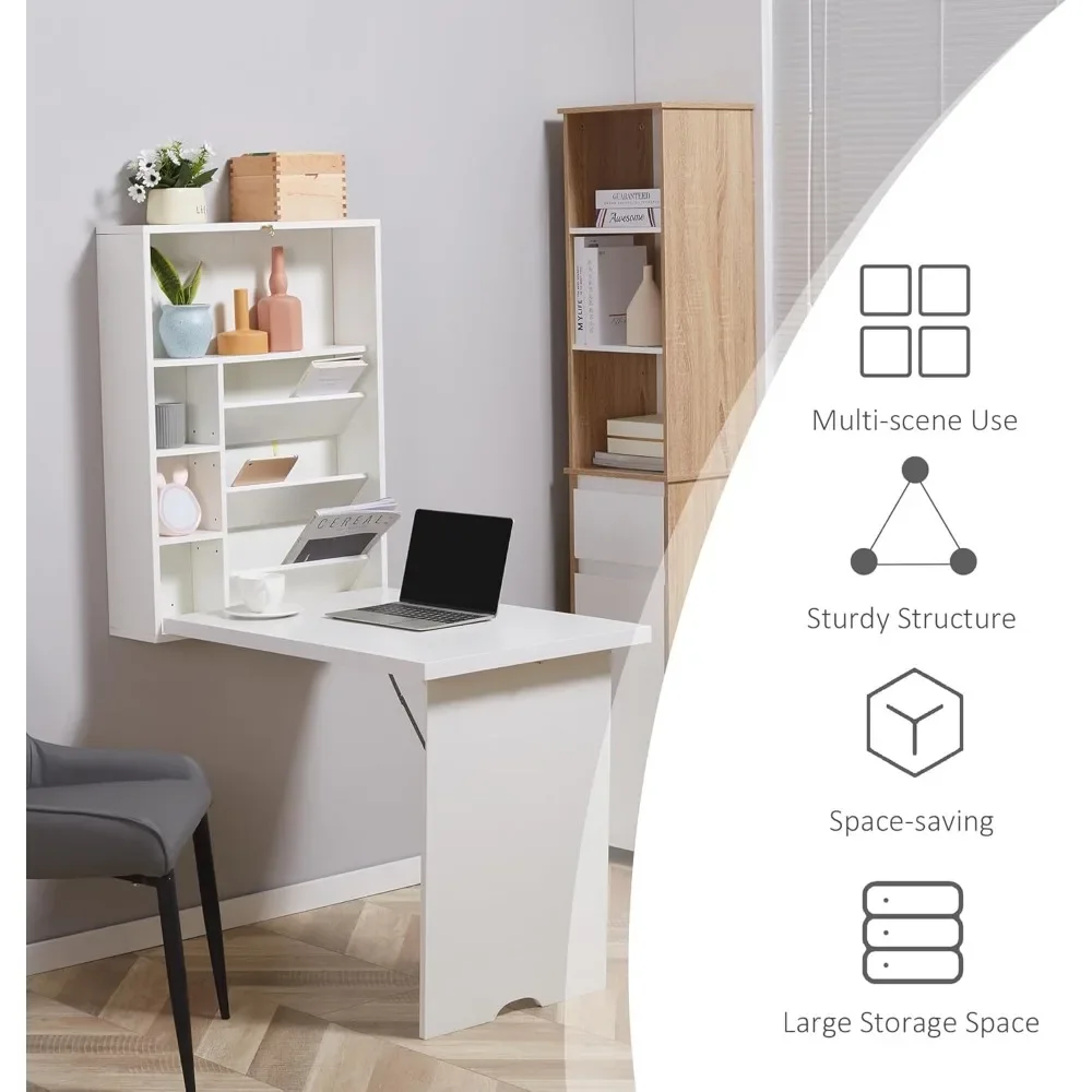 Wall Mounted Fold Out Convertible Desk, Multi-Function Floating Desk with Storage Shelf for Home Office, Nail Tables