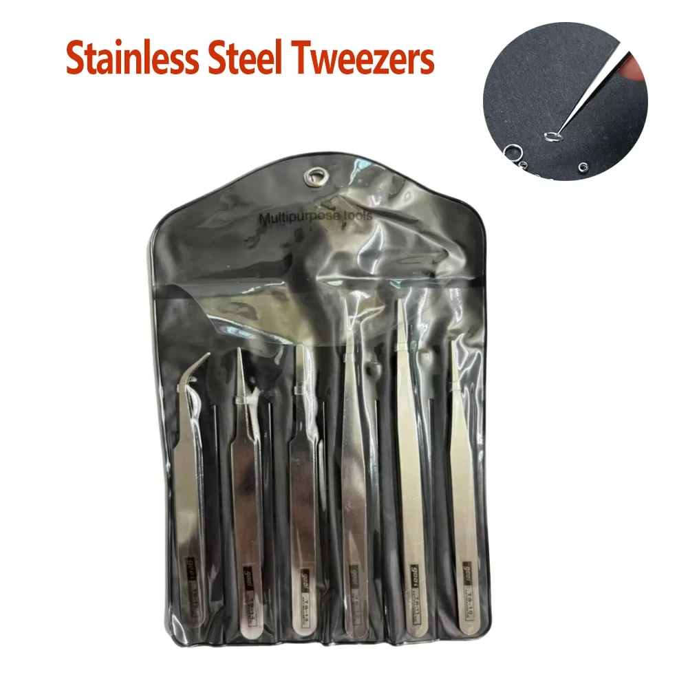 6-piece stainless steel tweezers repair tool set, industrial precision bent and straight tweezers repair tools