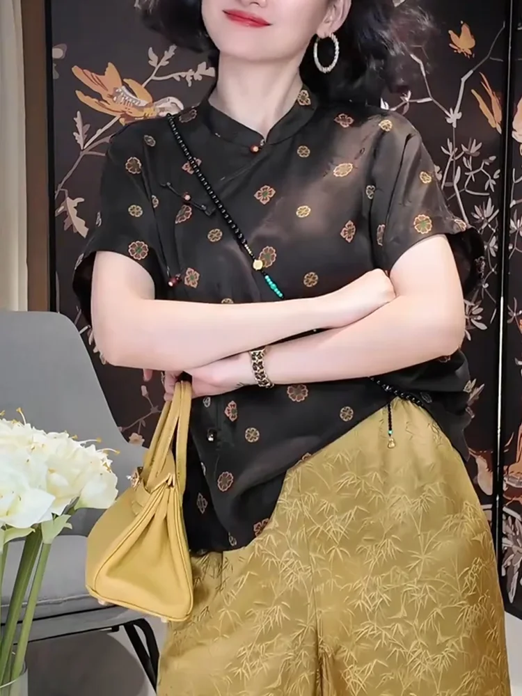 

New Chinese Sle Retro Stand Collar Printed irt plus Size Versatile Ele Slimming Top for Summer Commute Daily Wear