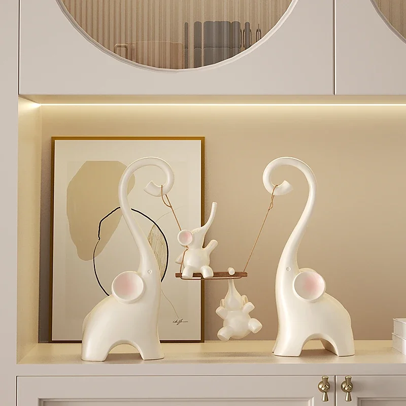 A Family of Four Swing Elephants Ornament Cream Wind Living Room Porch TV Wine Cabinet New Home Housewarming Gift Decoration