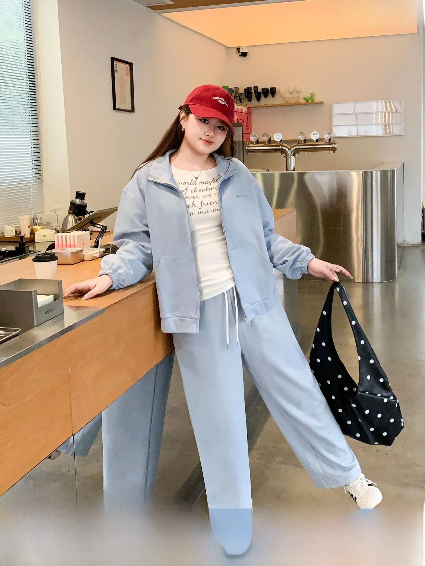 

YUZI Fish Roe Casual Two-Piece Set Light Blue Suede plus Size Conceal Meat Spring Autumn Zipper Jacket Large Size Women's Wear