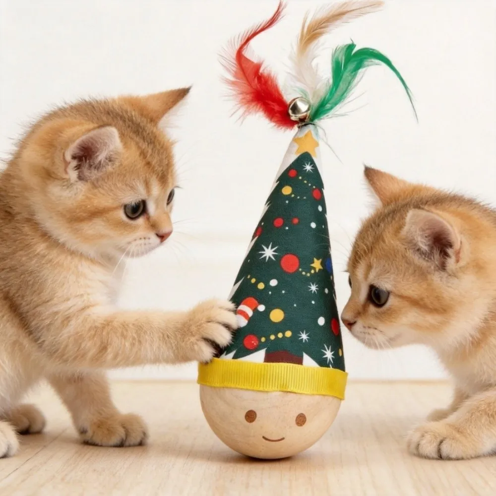 Colorful Feather Cat Tumbler Toy Wooden Base Dynamic Shaking Self Play Cat Entertainment Toy Cartoon Pattern Bite Resistant