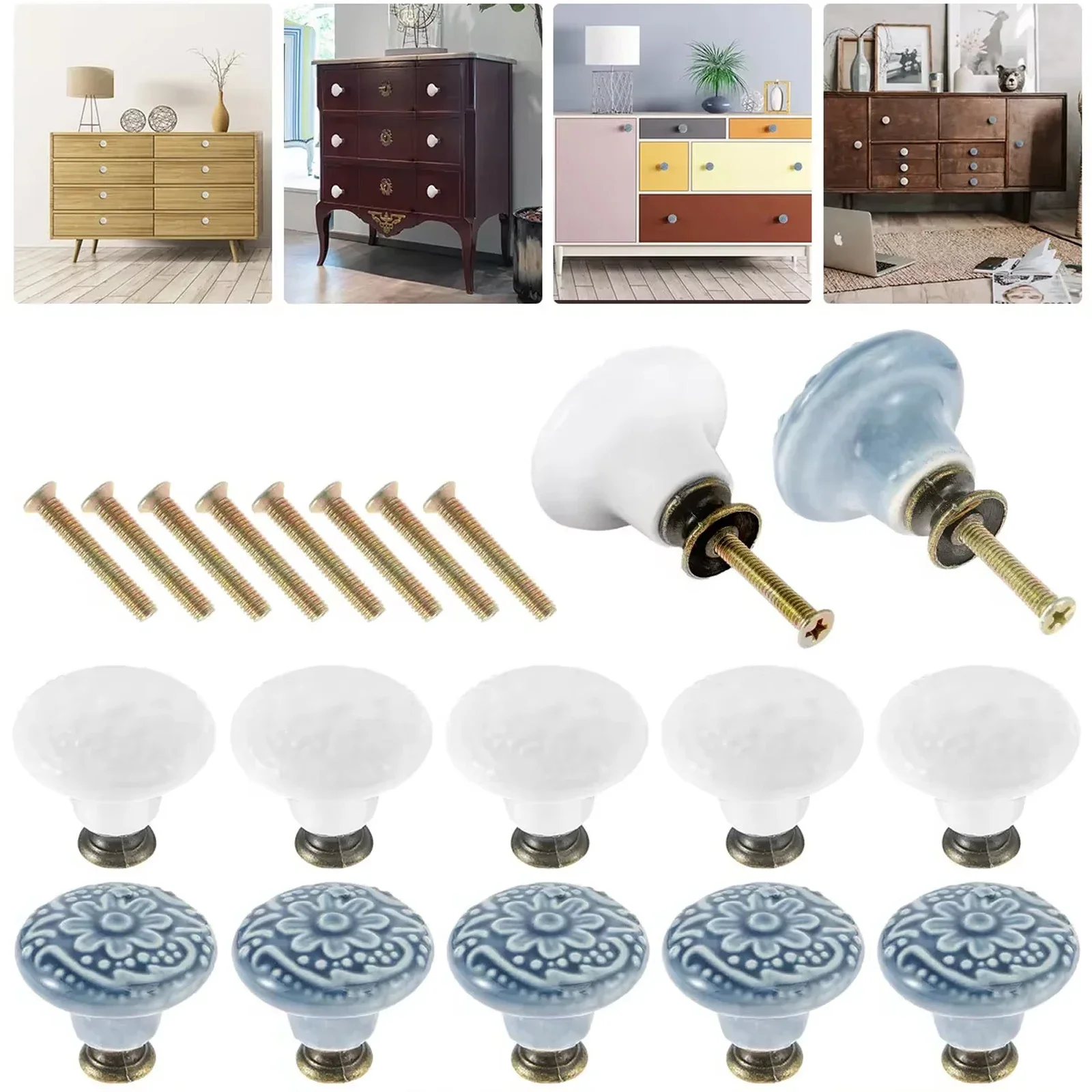 

10PCS/Set Ceramic Vintage Kitchen Cabinet Knobs Pulls Retro Ceramic Dresser Knobs Decorative Drawer Pull Knob Handles for Closet