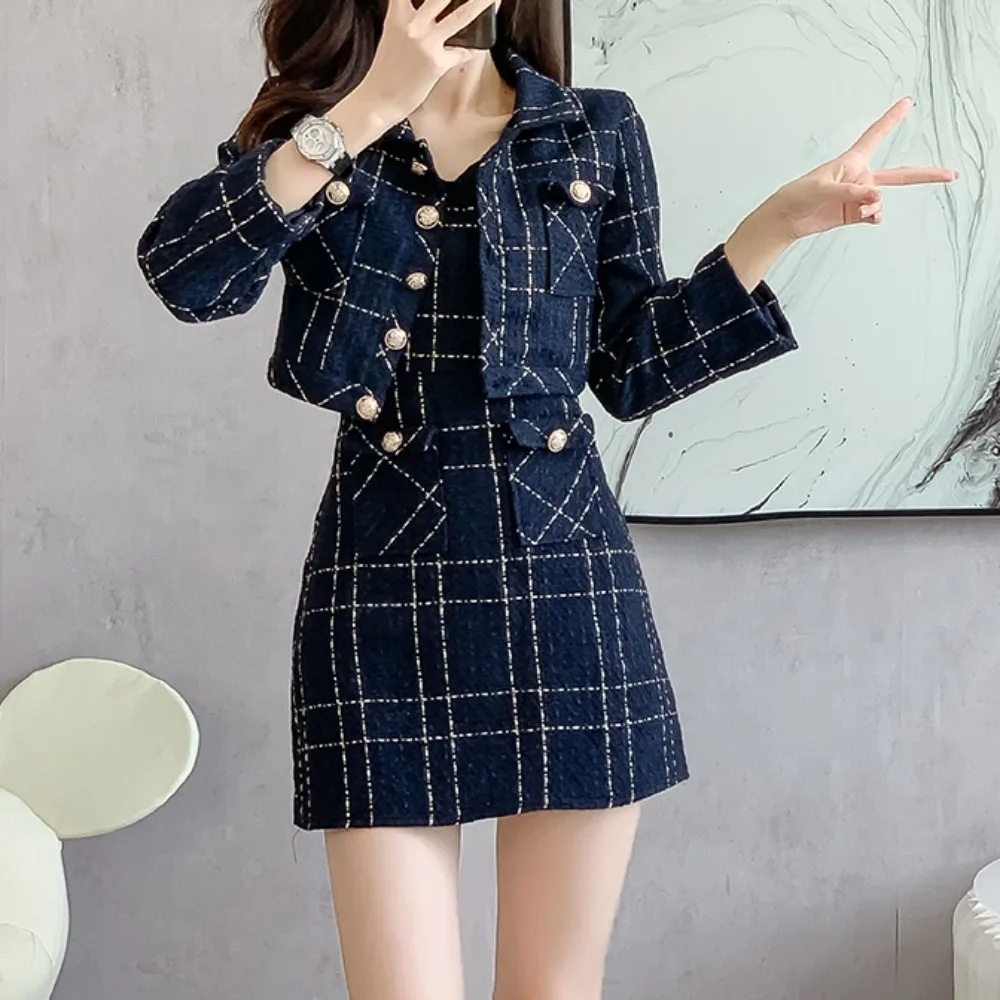 Chic Plaid Women Two-Piece Sets Slim Metal Single Breasted Jacket Top and Sleeveless V-neck Dress Korean High Street Clothing