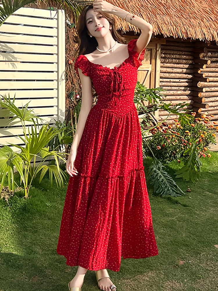 

Summer Red Chiffon Polka Dot Square Collar Long Dress Women Elegant Bow Bandage Prom Dress 2025 Korean Bodycon Beach Style Dress