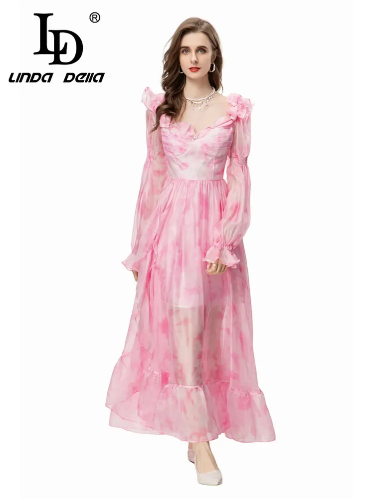 

LD LINDA DELLA Summer New Style Elegant Pretty Dress Women's Elegant Princess Chiffon Handmade Pearl Diamond Ruffle Hem Dresses