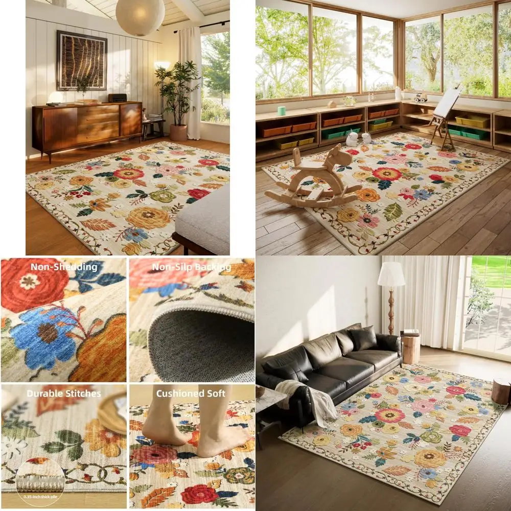 

"5x7 Floral Vintage Area Rug for Bedroom - Large Living Room Rug, Stain Resistant, Non-Slip, Low Pile, Faux Wool"