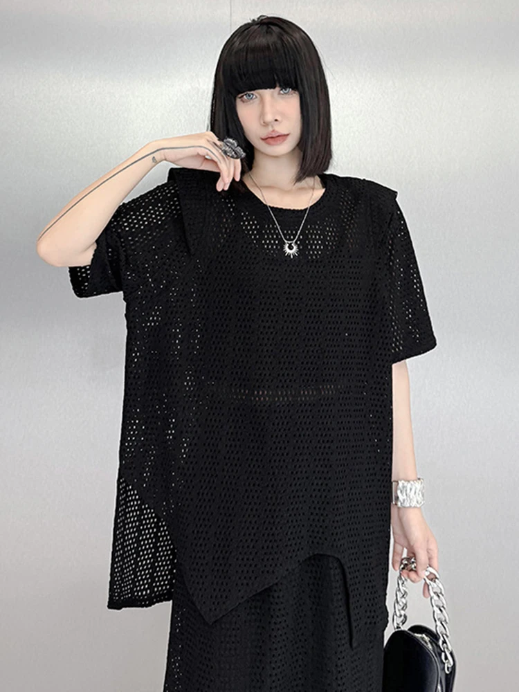 [EAM] Black T-shirt Half-body Skirt Two Pieces Suit New Round Neck Short Sleeve Women Fashion Tide Spring Summer 2024 1DH6089