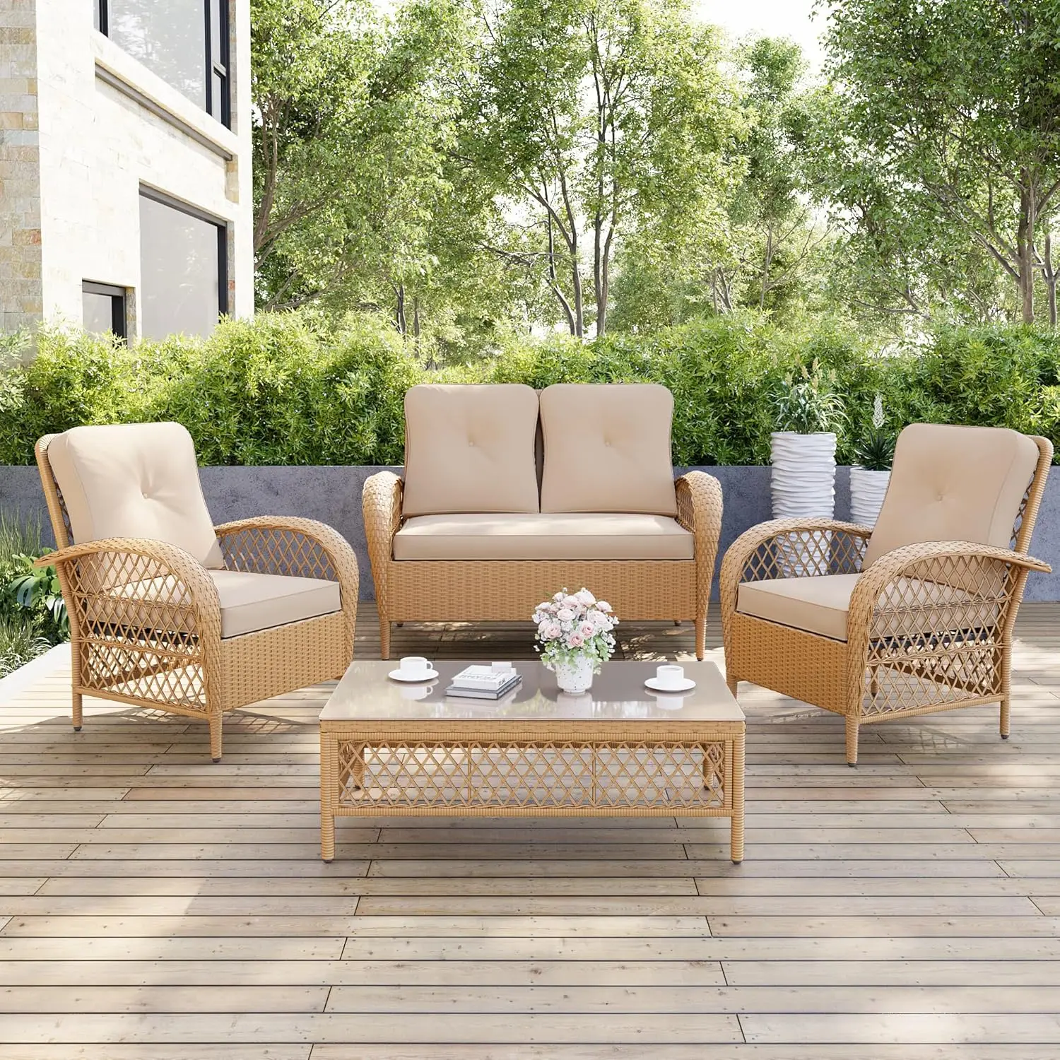 

Patio Outdoor Furniture Set, Brown PE Rattan Patio Conversation Sets, 4 Pieces Wicker Patio Set with Loveseat, 2 Chairs