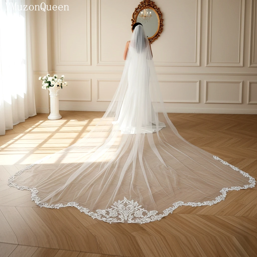 Topqueen sonhador véus de noiva comprimento catedral véu de casamento longo vieira renda guarnição edge1 camada mantilla española véu casamento v75