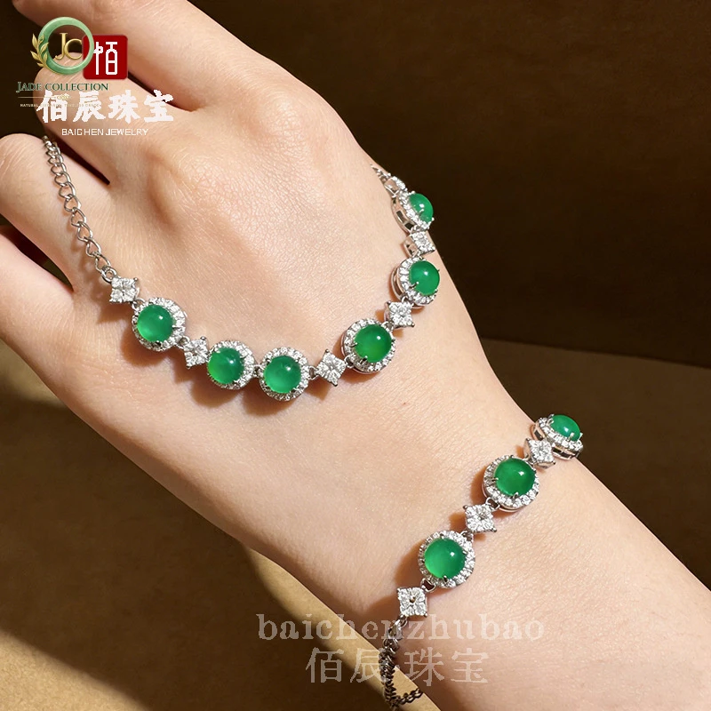Ice Green Chalcedony Sunflower Pendant Bracelet, Silver-Plated Copper, Fully Inlaid with Diamonds and Agate, New Chinese Style E