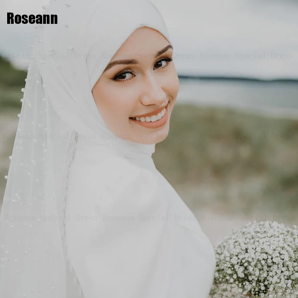 Muslim 2024 Ivory High Collar A-line Wedding Dresses Belt Satin Draped Pleat Floor Length Bride Dress Brush Train robe de mariée