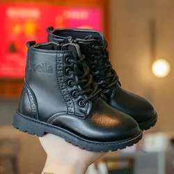 Botas de couro preto pu com zíper para menino e menina, botas altas no tornozelo, antiderrapante, dedo do pé redondo, qualidade macia