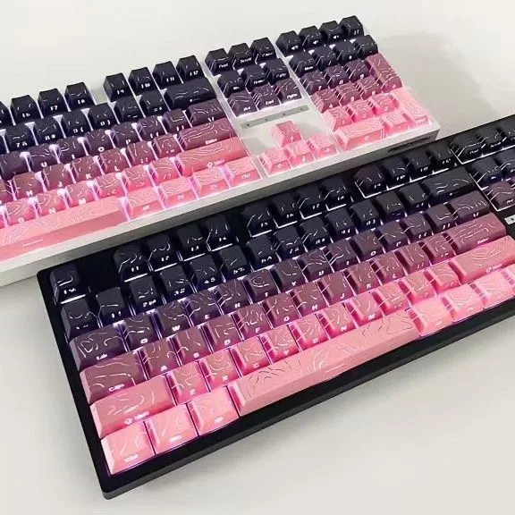 97 Key Pink Topographic Cherry Profile Double Shot PBT Keycaps Side Printed Shine Through Keycaps for MX Switches Gamer Keyboard
