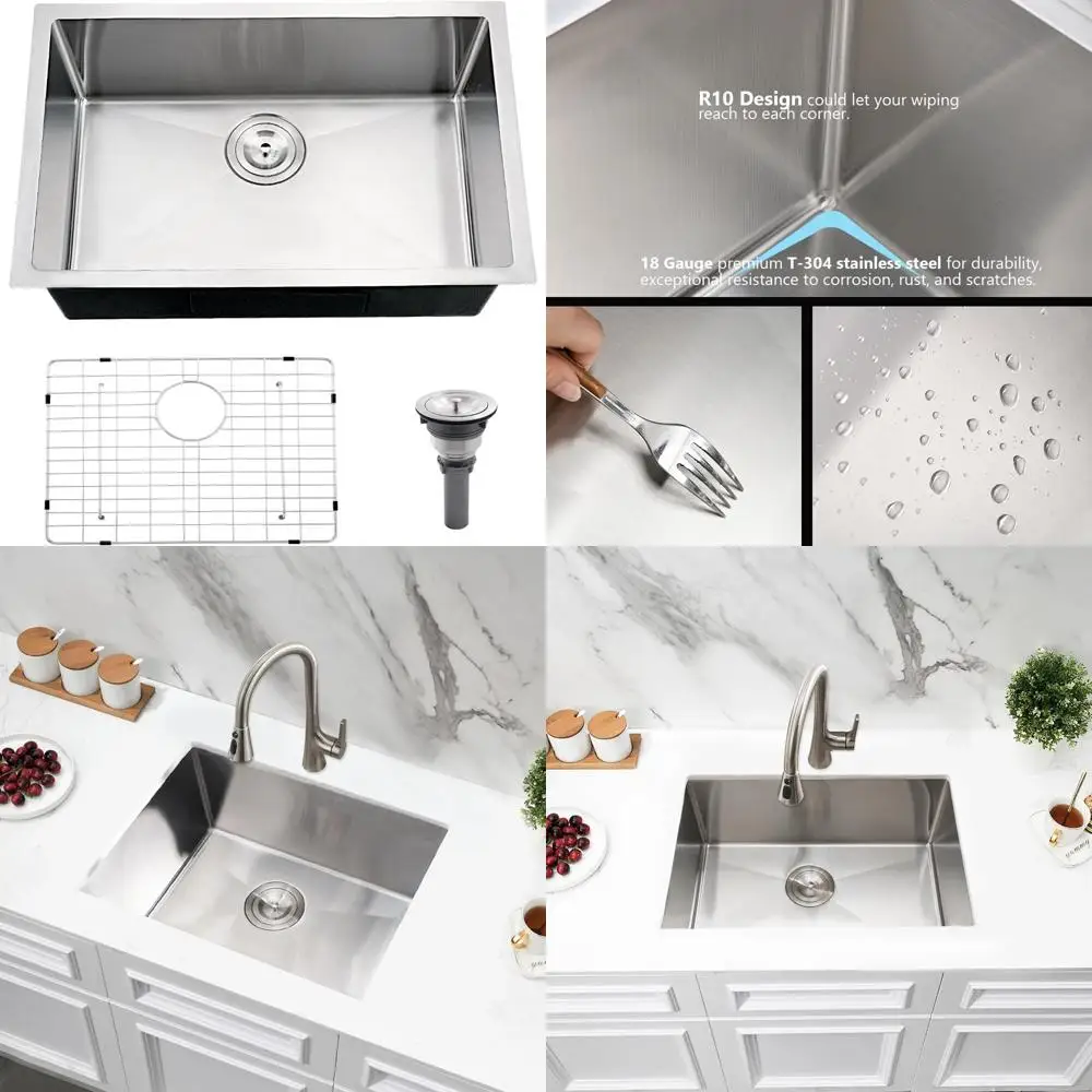 

Stainless Steel Single Bowl Kitchen Sink, 27 Inch Undermount, 16 Gauge, Deep Basin for Counter Installation