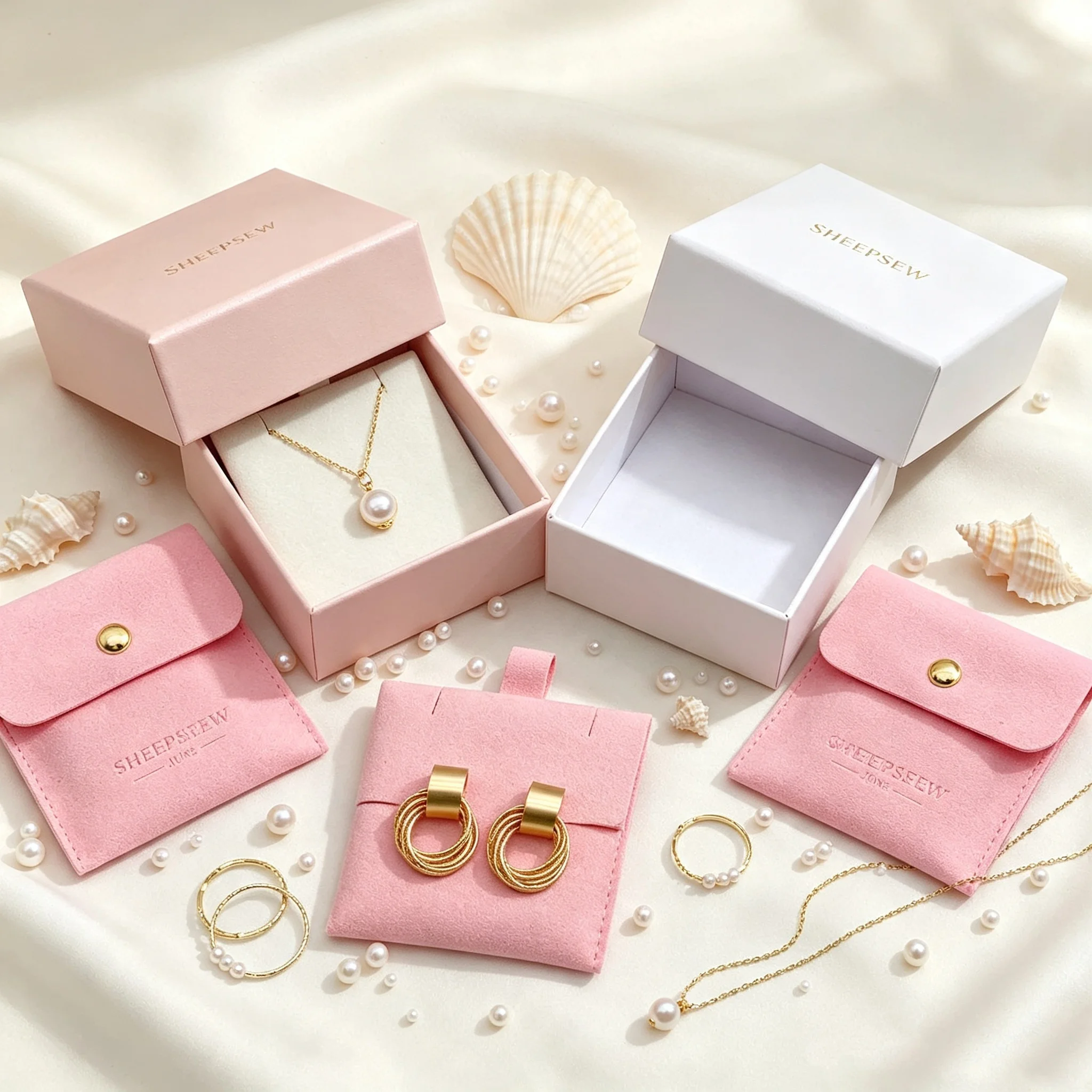 SheepSew Multi Color Custom Microfiber Suede Jewelry Pouch Box Set, Snap Button Envelope Jewellery Bag With Earring Insert Holde
