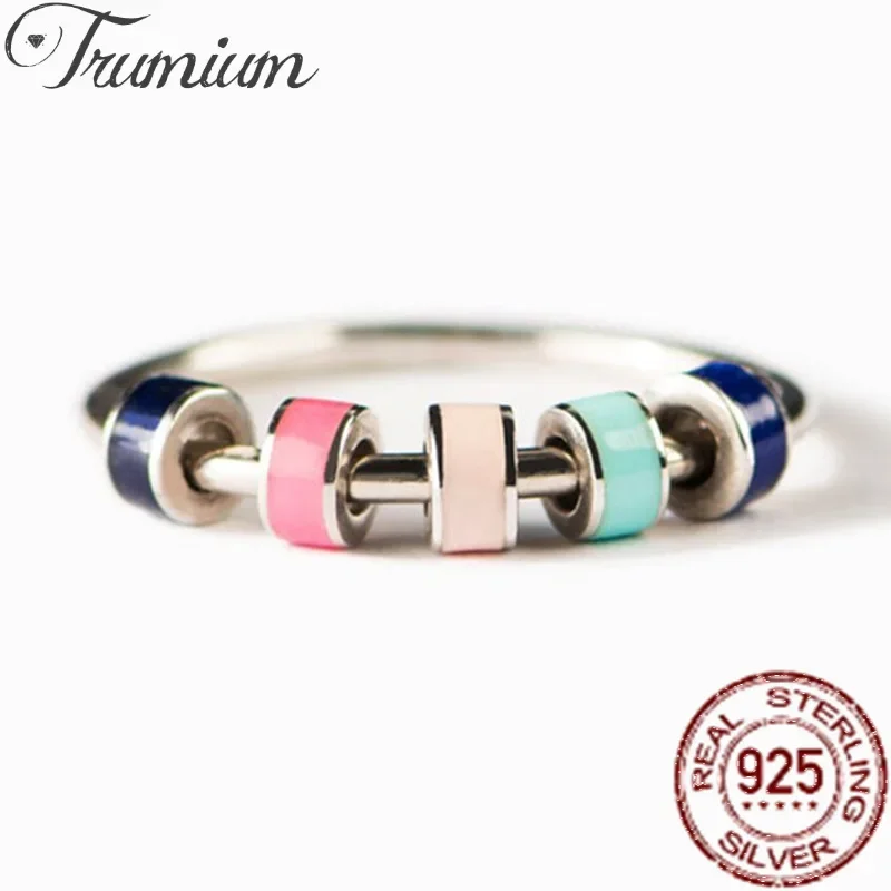 Trumium 925 Silver Rings Anxiety Colorful Enamel Unisex Ring With Bead Worry Stress Relief Lovers Stacking Design Ring