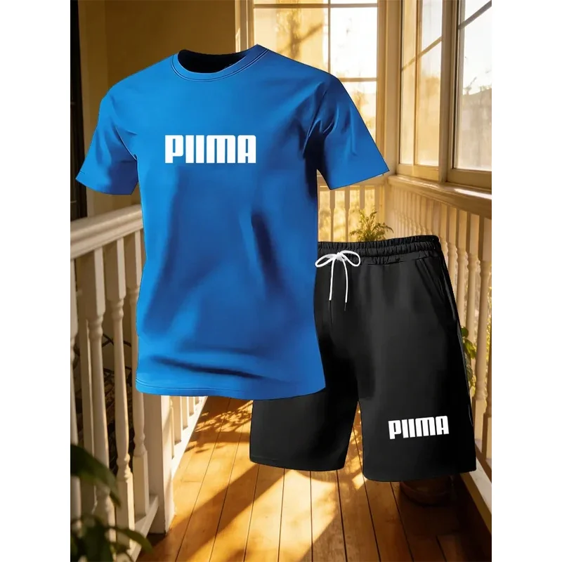 New Men's Short Sleeved T-shirt+shorts Sports Suit Personalized Design Letter Print Summer Casual Loose Home 2-piece Set