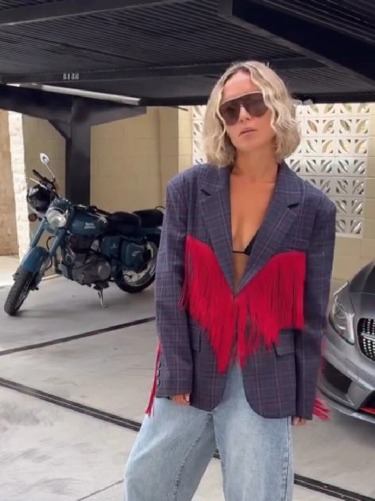 Vintage Checkered Blazer Women Oversized Lapel Suit Jacket Red Wing Fringe Detail Open Front Western Cowgirl Concert Outfit Coat