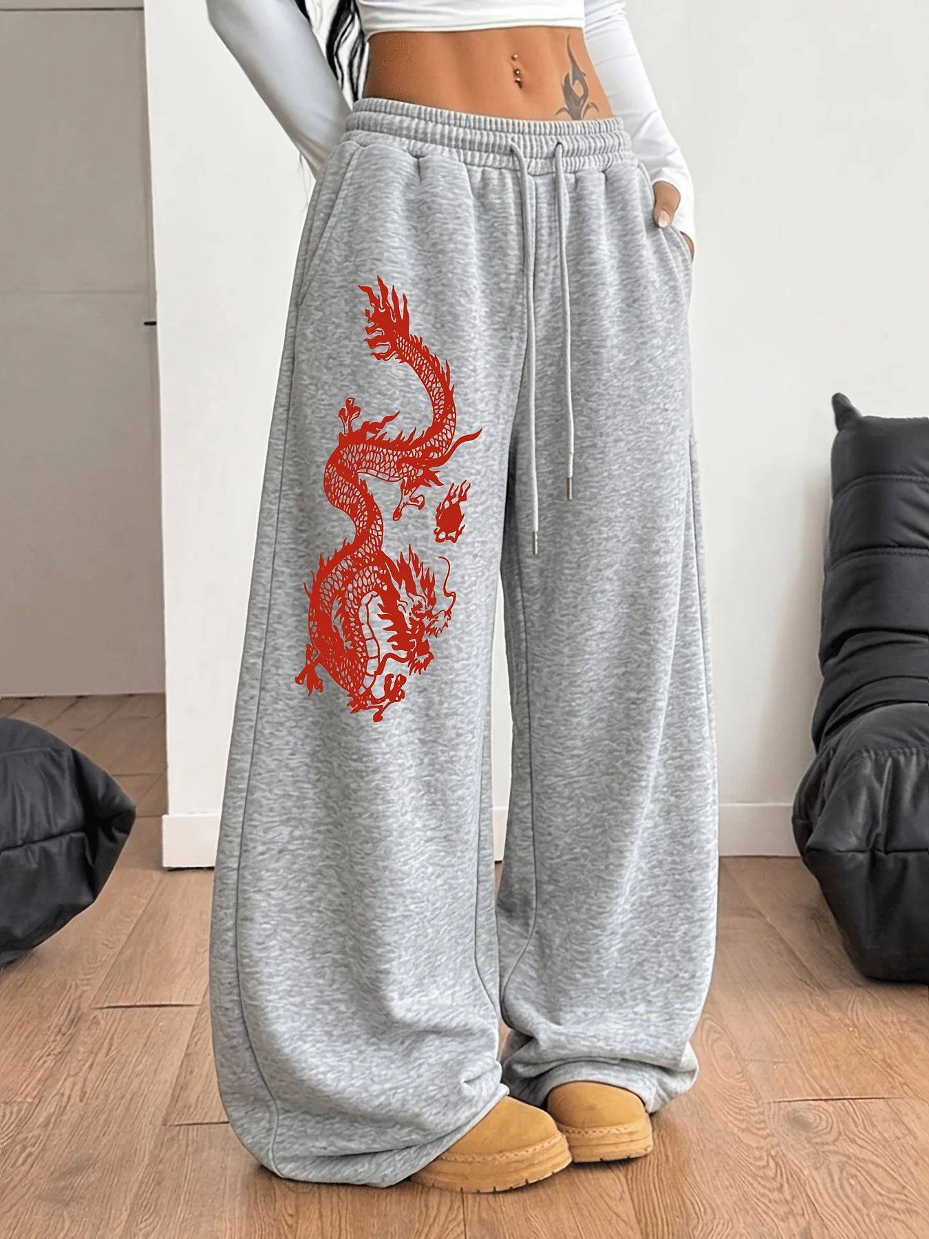 Women's Red Dragon Print Fleece Sweatpants for Autumn and Winter Warm Casual Loose Stylish and Versatile Streetwear Trendy
