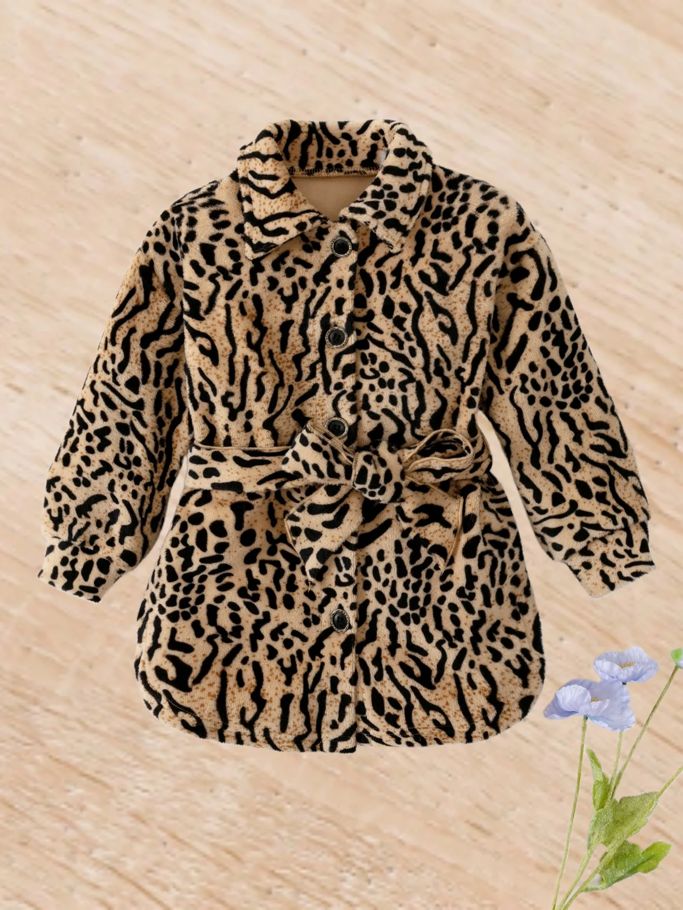 Fashionable sweet and spicy winter children's top for girls lapel leopard print single row button belt waist slimmer casual coat