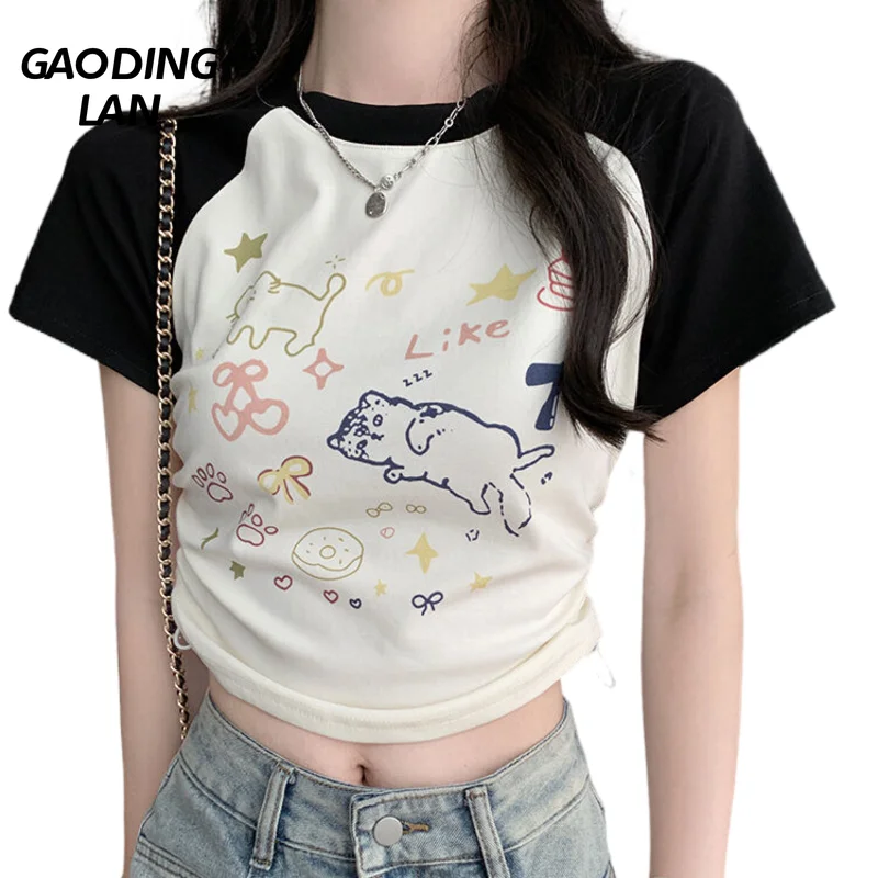 Harajuku Cartoon Print Women T-shirts Summer Short Sleeve Contrast Color Tees Expose Navel Drawstring Slim Waist Cropped Tops