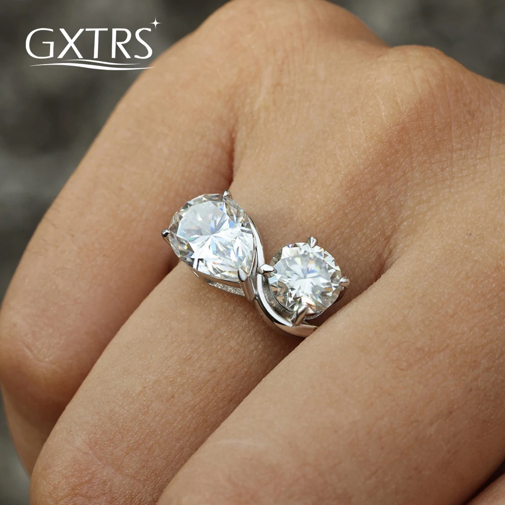 

GXTRS 3CTTW Pear/Round Cut Moissanite Rings Women's 925 Sterling Silver 2 Stone Lab Diamond Wedding Party Band Fine Jewelry Gift