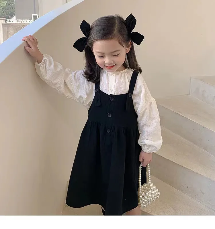 Girls Casual Dresses Puff Sleeve Long Sleeve Top + Suspenders Dress 2Pcs Chinese Traditional Dress for Girls 2-7 Years Old