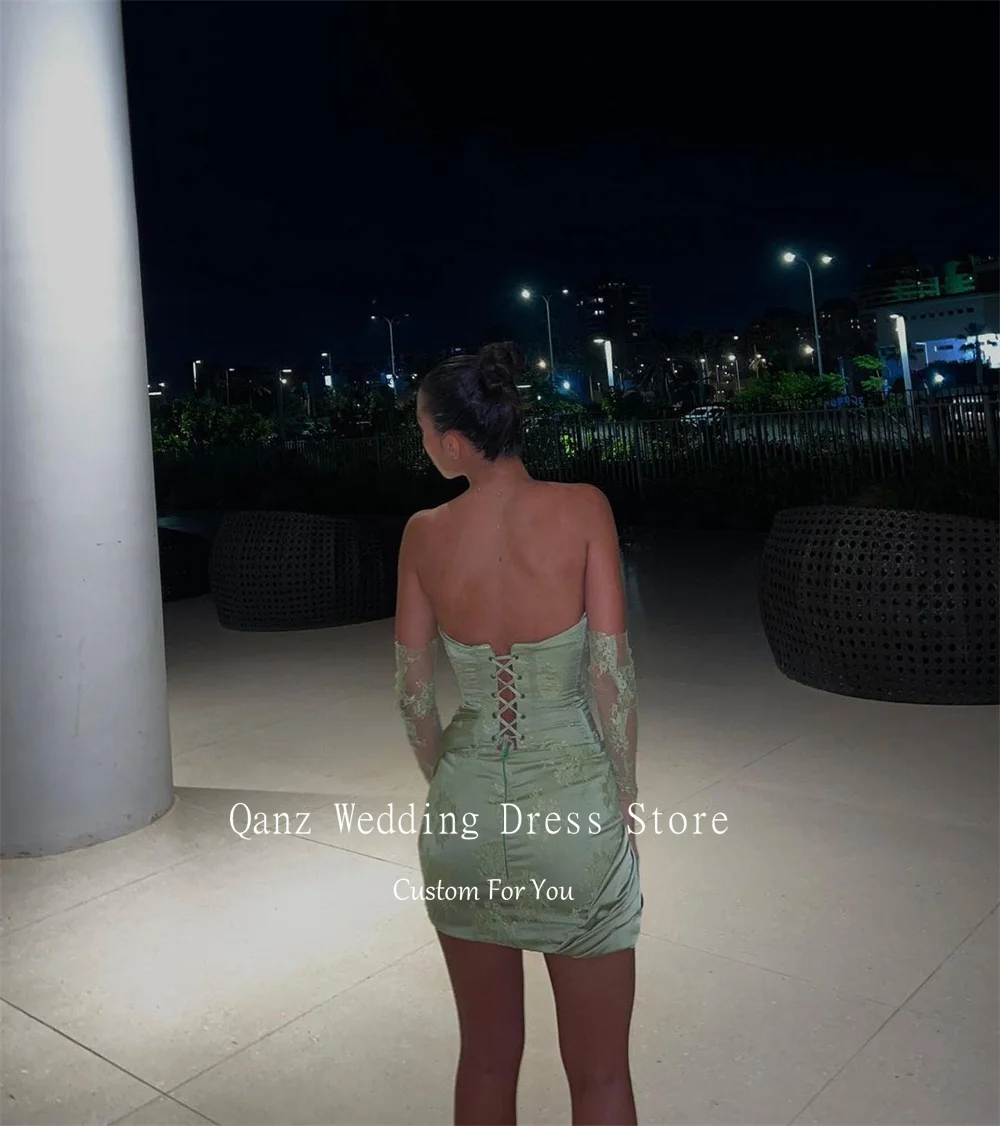 Qanz Sexy Mini Birthday Dresses Lace Appliques Sage Green Prom Dresses Mermaid Satin No Gloves Party Dress Women Customized