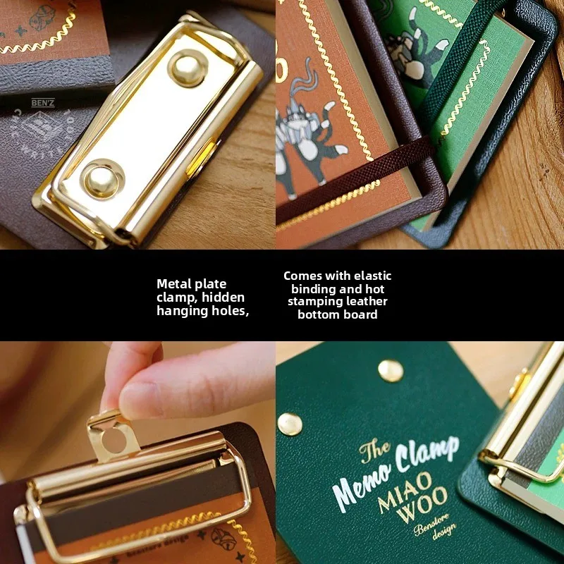 Vintage Cat Mini Clipboard Notebook PU Leather Gold Foil Portable Pocket Memo Pad with Elastic Strap for Journaling Hand Account