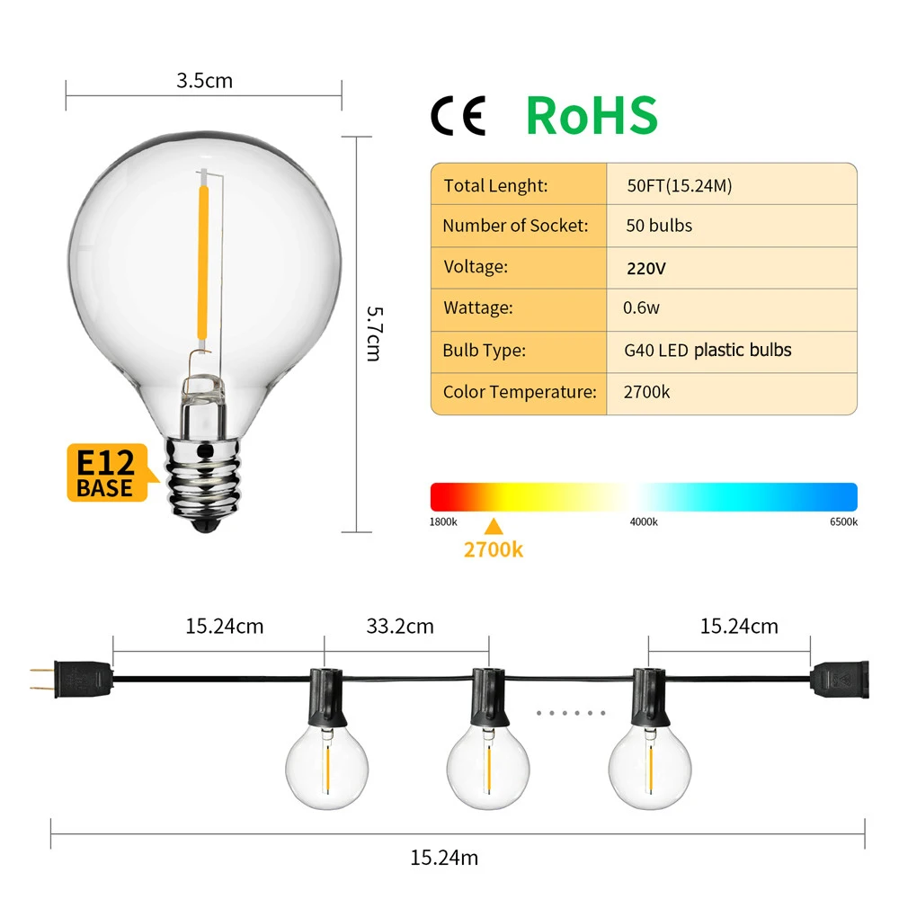 Guirnalda de luces LED de 15M para exteriores, globo de fiesta, luz de Patio G40, Blanco cálido, transparente, cadena de bombillas Vintage,