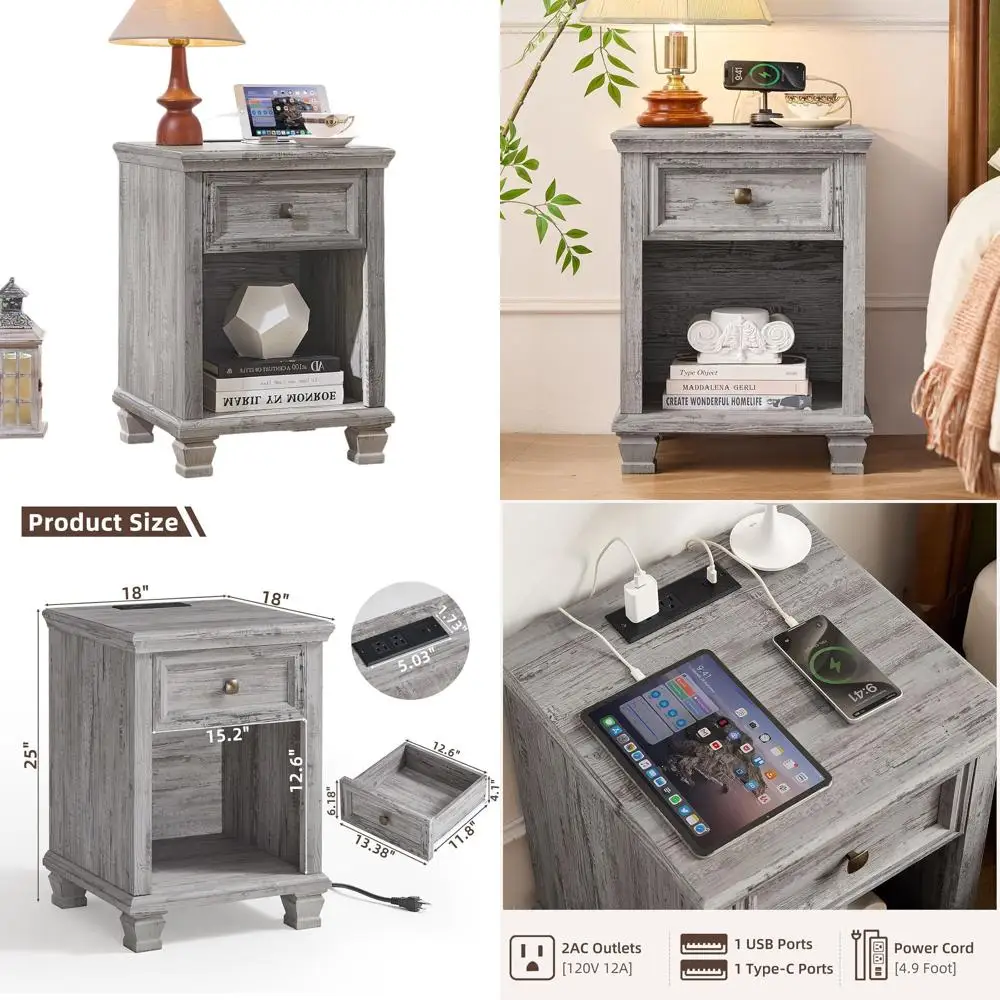 

Rustic Grey Wood Nightstand with Charging Station and Drawer for Bedroom and Living Room