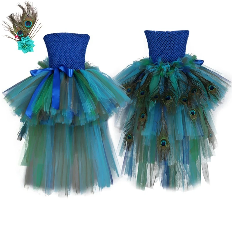 

Fluffy Layered Peacock Feathers Costumes for Girls Birthday Halloween Outfit with Long Tail for Kids High Low Princess Dresses