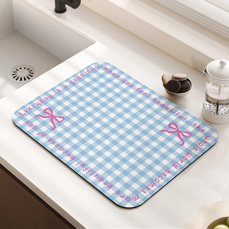 

Colorful Bow Grid Pattern Kitchen Counter Mat Dish Drying Mat AbsorbentCute Diner Rack Mats