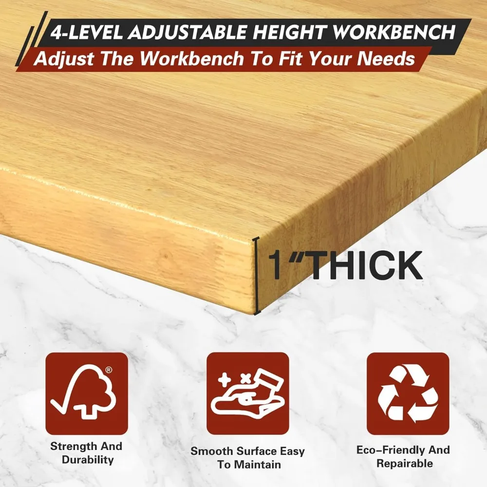 منضدة عمل شديدة التحمل قابلة للتعديل مع أدراج، ومنضدة عمل خشبية متدحرجة تتميز بمنافذ طاقة وسعة تحميل 2000 رطل للداخل