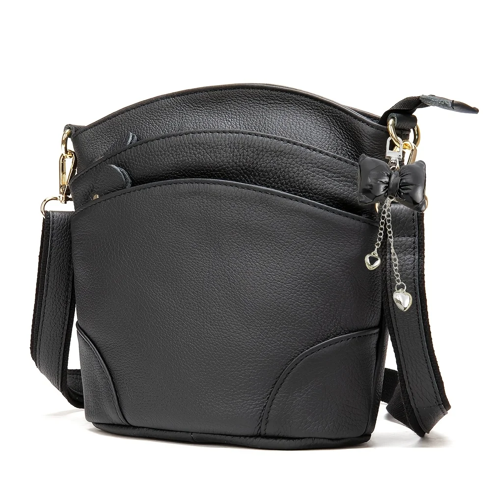 Premium Genuine Cowhide Leather Crossbody Bag - Luxurious, Versatile, And Spacious With Ample Storage - Handbag Purse Cross Body Bow Pendant Organizer Smart Phone Pockets