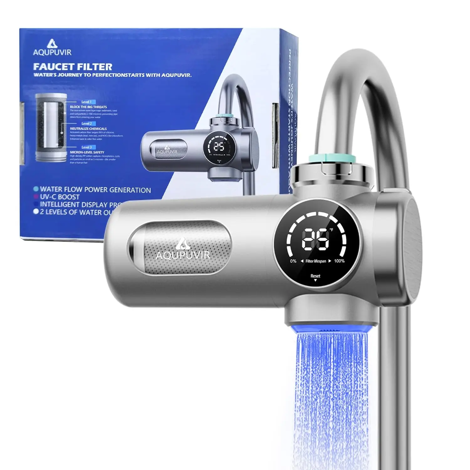

Faucet Water Filter, 3-Stage with UV-C & Self-Powered Display, Dual Mode, Fits 22/24/28mm Taps