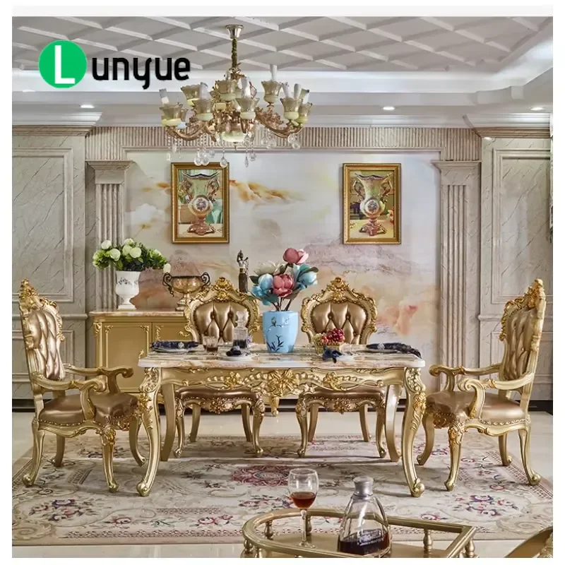 European Style Marble Top Solid Wood Rectangular Dining Table and Chair Set Modern Restaurant Furniture Durable Home Decor
