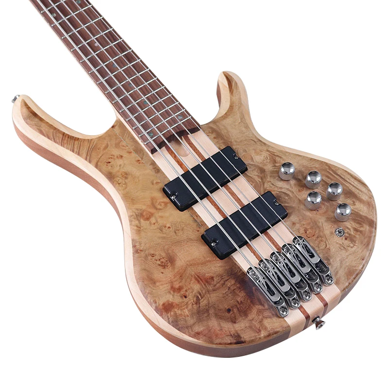 5 String Electric Bass Guitar One Piece Tree Burl Top Active Guitarra Solid Okoume Wood Body  43 Inch Bass Guitar High Grade