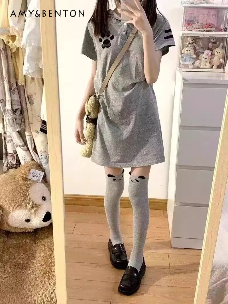 

Летнее платье 2026 в японском стиле: милое, приталенное, с коротким рукавом и капюшоном, для женщин, нежно-серое, повседневное, мягкое, удобное, модное