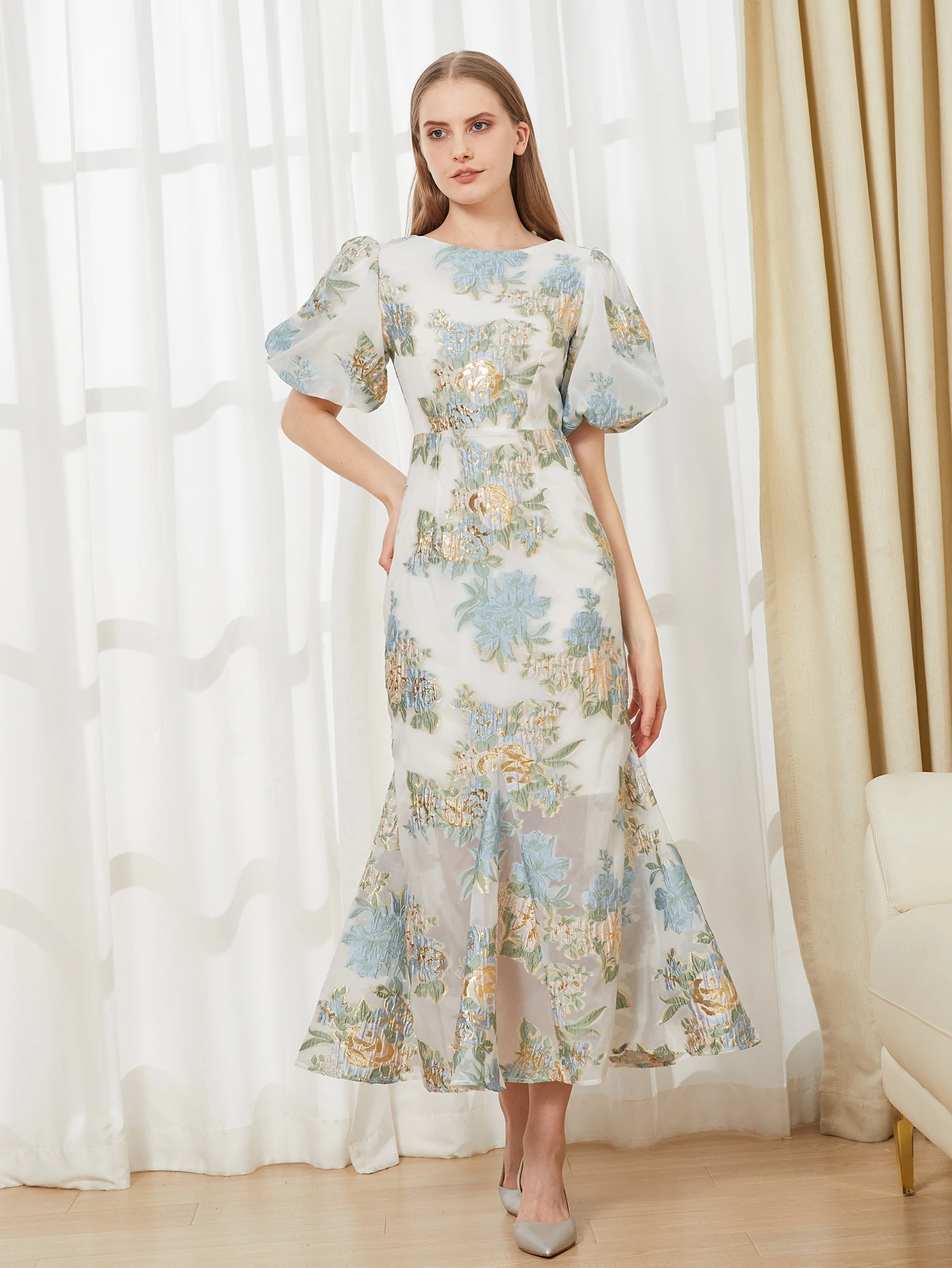 DEVCHATA Elegantes Blumen-Organza-Fischschwanz-langes Kleid, Maxi-Luxus-Meerjungfrau-Abendkleid, Puffärmel, modisches, schlankes Party-Club-Kleid – Detail 5