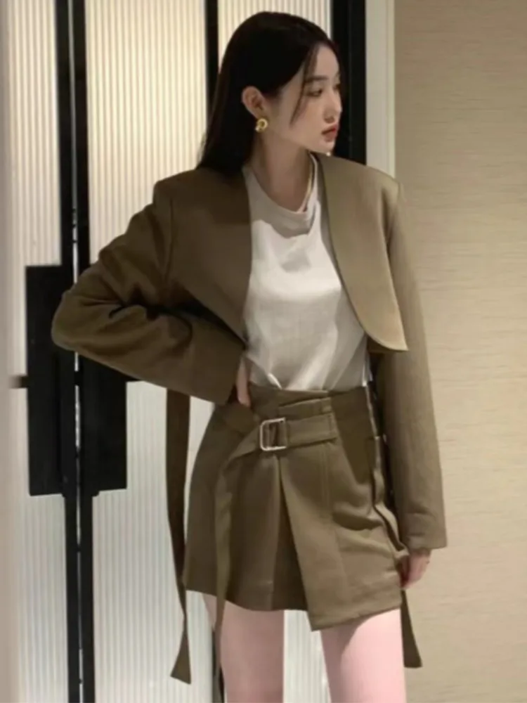 

Модный женский костюм с поясом и высокой талией, пальто с лентой Ba и асимметричной юбкой, новинка весны, осени и зимы...