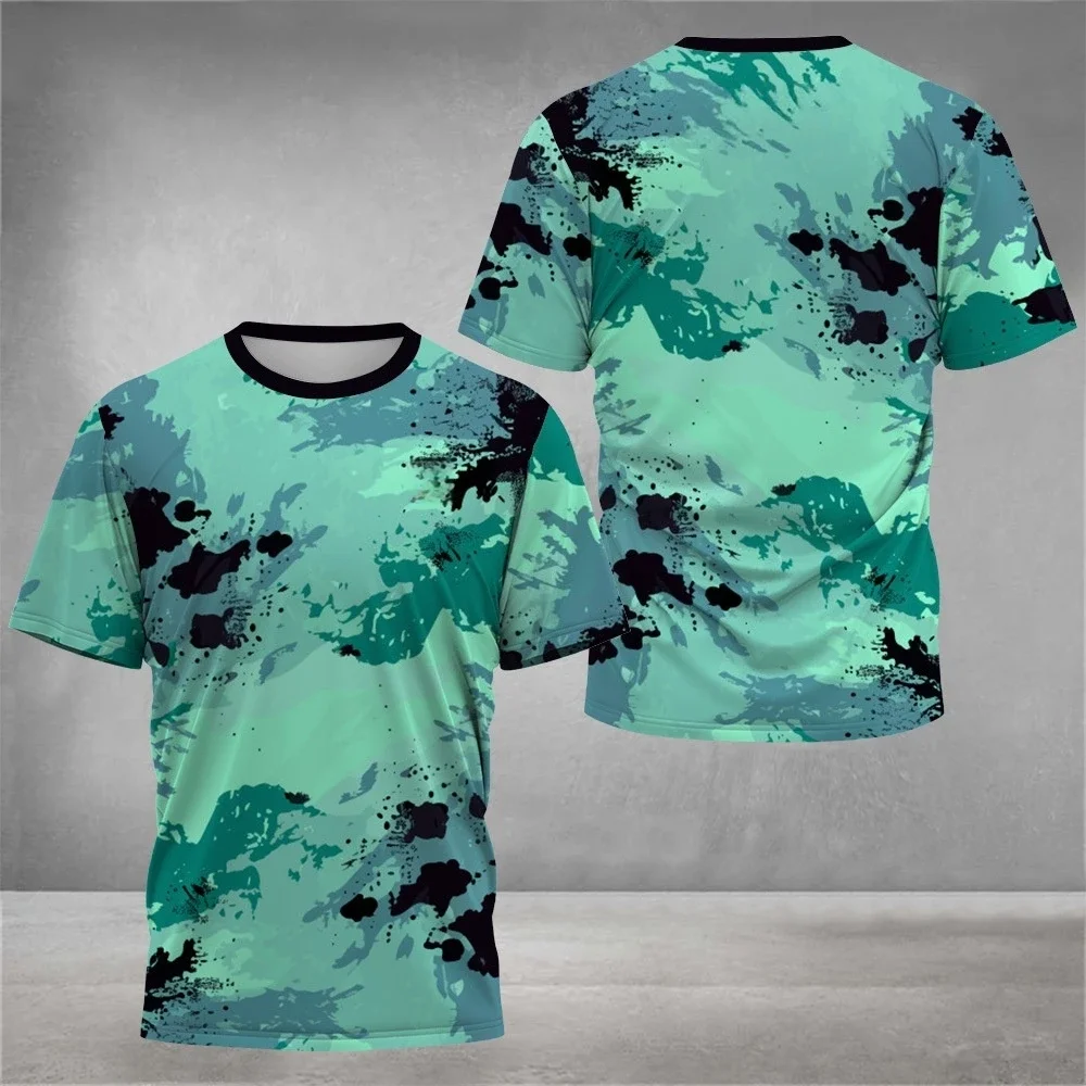 2026 Fashion Men's Sport Spliced Sleeve Tee Color Block Abstract 3D Printed O Neck Short Sleeve Summer Outdoor Street Casual Top