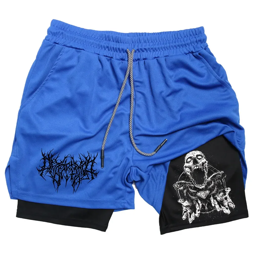 Y2K Performance Shorts Men Quick-drying Fitness Skull Print Double Layer Shorts Workout Training Running Bodybuilding Sportwear