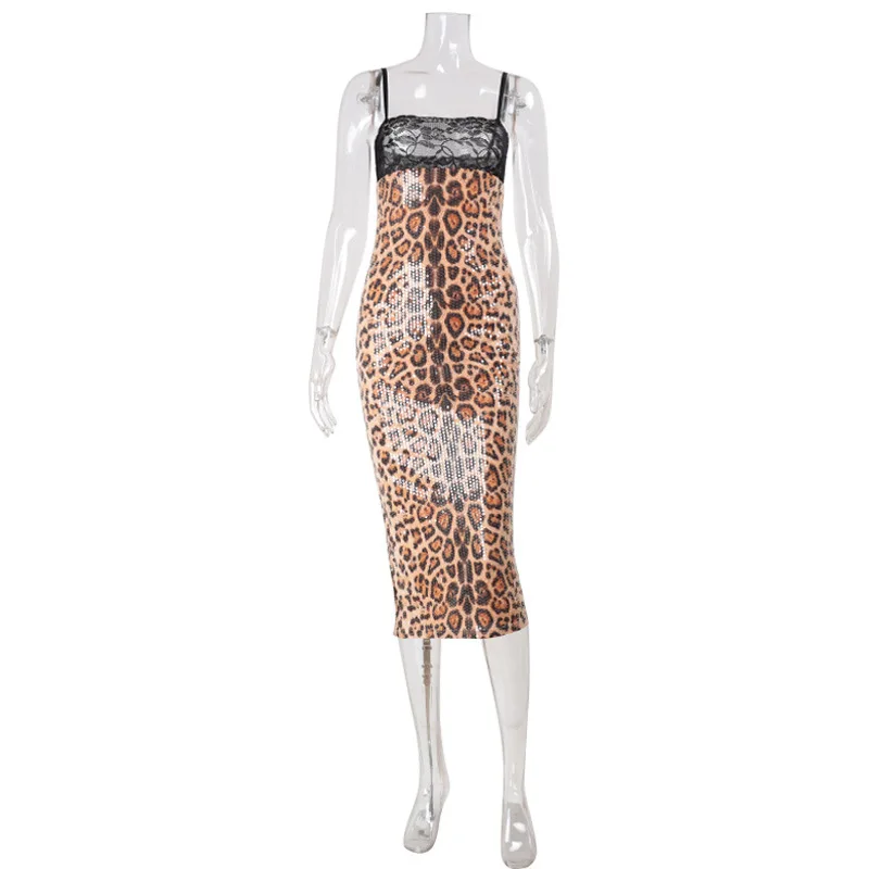 Sequins Leopard Prints Split Dresses Women Lace Patchwork Camisoles Hip Wrap Sheath Sexy Dresses Ladies Club Bodycon Party Robes