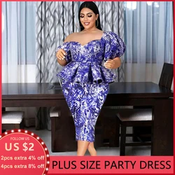 Plus Size Women Dresses Large L-4XL Square Neck Small V Printed Lantern Sleeve Ruffle Hem Party Buttock Dress For Female Dress